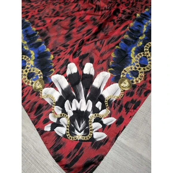 Gianni Versace Beautiful Silk Scarf Square Corner Feathers Design Red
